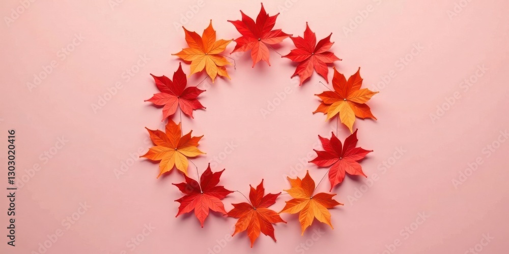 Poster autumnal foliage arranged in a circular frame on a pale pink background, creating a vibrant and seas