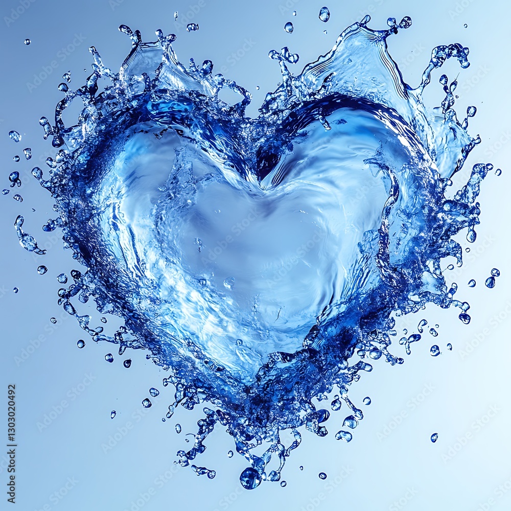 Poster Water in a heart shape with dynamic splashes against a smooth gradient background