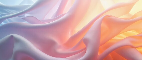 Obraz premium Elegant silk fabric with soft folds, luminous highlights, and a smooth gradient of pastel blues, purples, pinks, and golden hues, delicate texture and flowing movement creating a dreamy, abstract