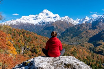 Fototapeta premium A person taking a deep breath in a pristine mountain landscape, emphasizing the power of fresh oxygen
