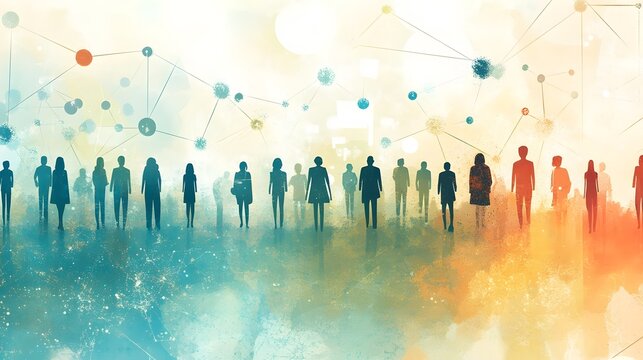 A modern yet whimsical bohemian flat illustration background for National Social Media Day, showing a diverse group of people connecting through floating digital networks - Powered by Adobe