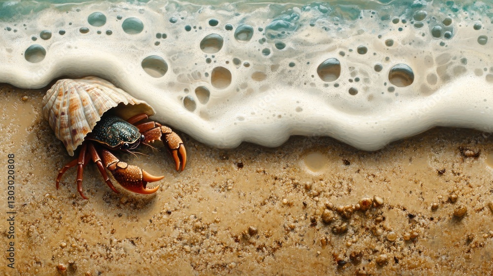 Aufkleber a hermit crab emerges from its shell on a sandy beach with gentle waves lapping at the shore.