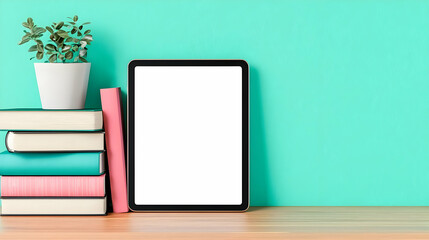 Modern Workspace with Tablet, Books, and Green Background Decor