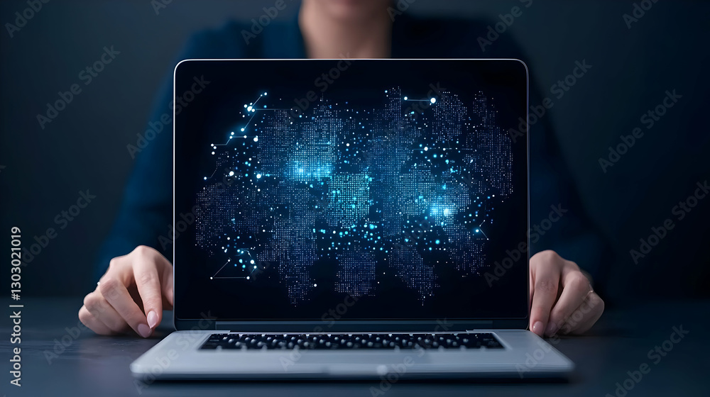 Poster digital technology and data visualization on laptop screen concept