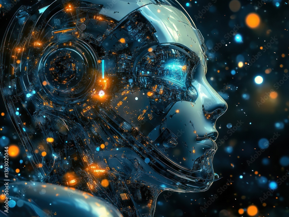 Aufkleber futuristic robotic head with glowing circuits and particles in a dark, abstract background