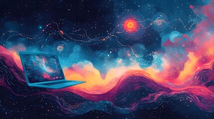 A surreal bohemian flat illustration of a digital universe for Social Media Day, featuring a floating laptop, swirling internet waves, and mystical data streams connecting people across the globe