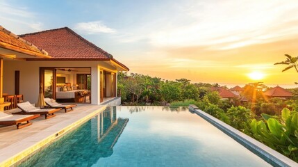 Fototapeta premium Luxury Villa Pool at Sunset with Beautiful Tropical View