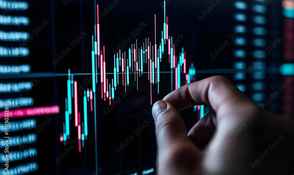 Poster hand analyzing financial graph on digital display with candlestick chart