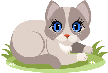 Fototapeta premium Cute animals. Vector cats. A gray kitten is lying on the grass. Vector animals collection. Children flat vector illustrations.