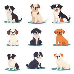 Obraz premium Nine dogs of different breeds and colors sitting in a row. Vector art style. Transparent background