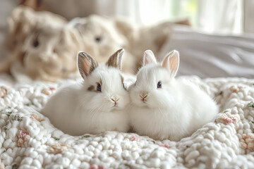Naklejka premium white rabbits on the bed