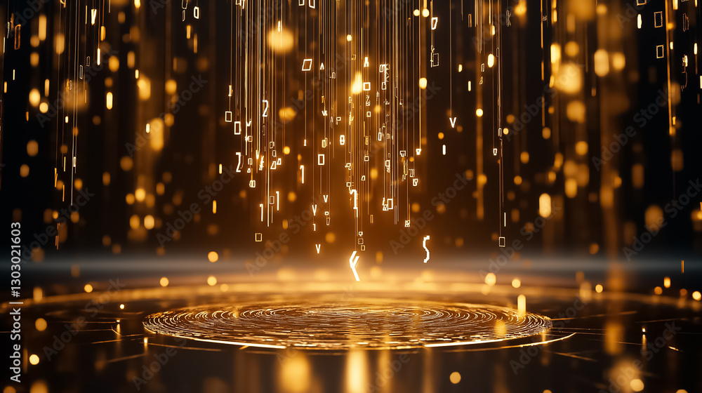 Poster cascading golden symbols descend gracefully in a virtual space, surrounded by shimmering patterns. t