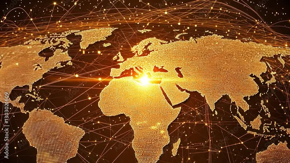 Poster global network connections: a luminous map of the world is interwoven with glowing lines symbolizing