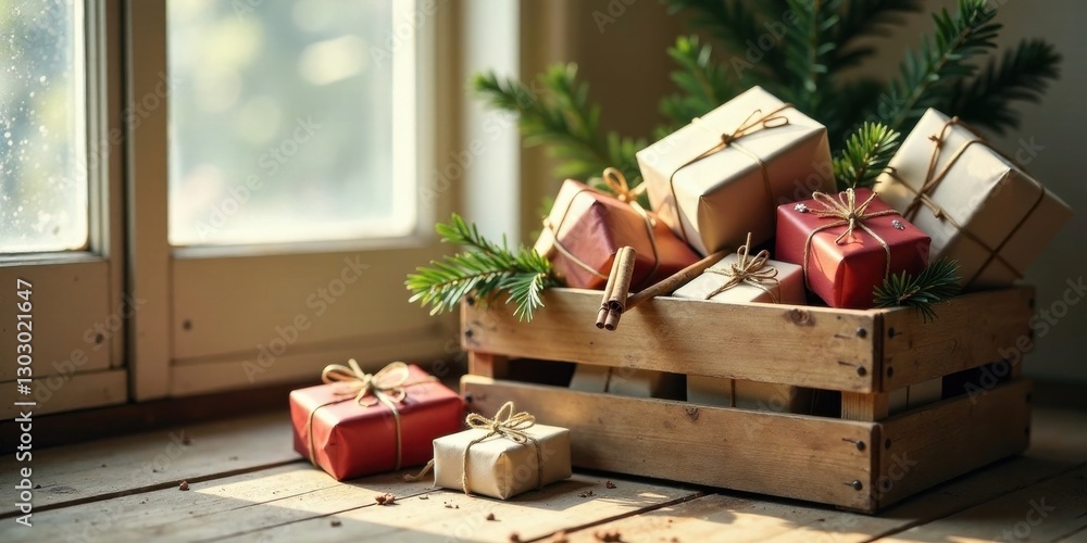 Aufkleber rustic wooden crate overflowing with thoughtfully wrapped gifts, adorned with sprigs of evergreen an