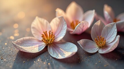 Delicate pastel blossoms adorned with shimmering golden dust, a serene and elegant close-up capturing the subtle beauty of nature's artistry in soft light