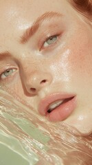 Fototapeta premium Close-up of a young woman with freckles and light green eyes enjoying water in a serene outdoor setting during the afternoon light
