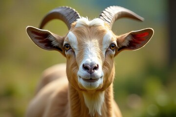 Portrait of a funny goat with curved horns looking at camera, adorable, white, curious