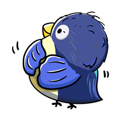 Cute bird eating enough and patting belly, cartoon blue bird isolated illustration