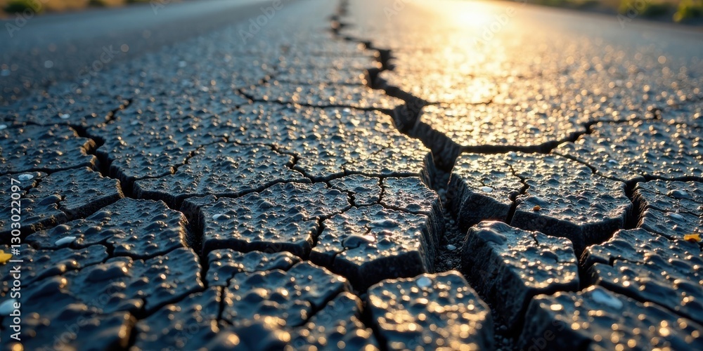 Poster cracked asphalt surface at sunset a detailed view of textured pavement showing deep fissures and wat