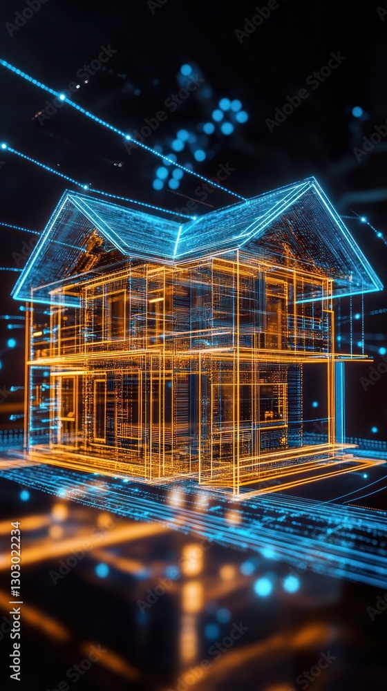 Poster a futuristic digital representation of a house, showcasing intricate blueprints and glowing lines in