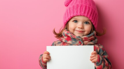 A charming little girl in a colorful outfit smiles brightly while holding a blank sign against a soft pink backdrop