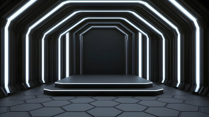 Futuristic Stage with Neon Lights in a Dark Enclosed Space