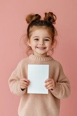 A cheerful young girl is smiling while holding a blank white book against a soft pink background. 