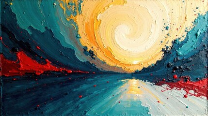 Impasto Sunrise Over a Textured Seascape with Swirling Yellow Hues and Bold Red Accents