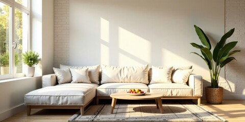 Bright Sunlight Illuminates a Modern Living Room with a Sectional Sofa and Natural Decor