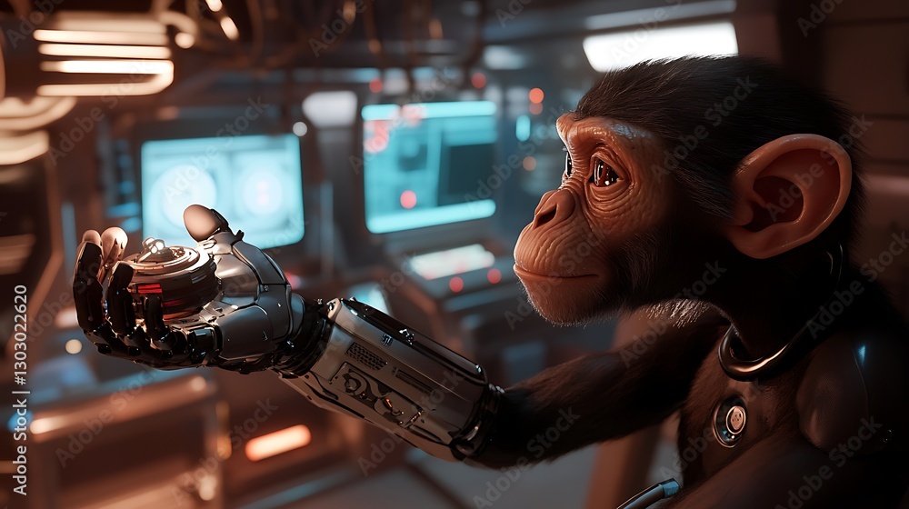 Poster realistic depiction of a monkey holding a device in a futuristic lab setting with advanced technolog