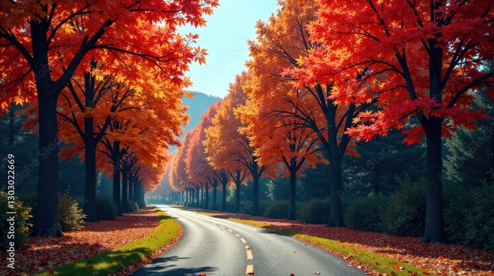 Poster autumnal roadway through vibrant maple trees, a scenic fall drive with sunlit path