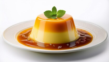 pudding, white background, front view, delicious and tempting, white background, photo magazine