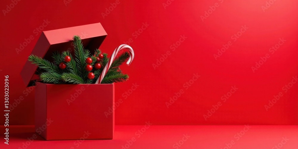 Poster a festive red gift box filled with evergreen sprigs and candy canes on a matching background