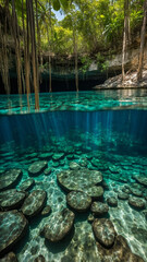 Crystal clear cenote surrounded by jungle.