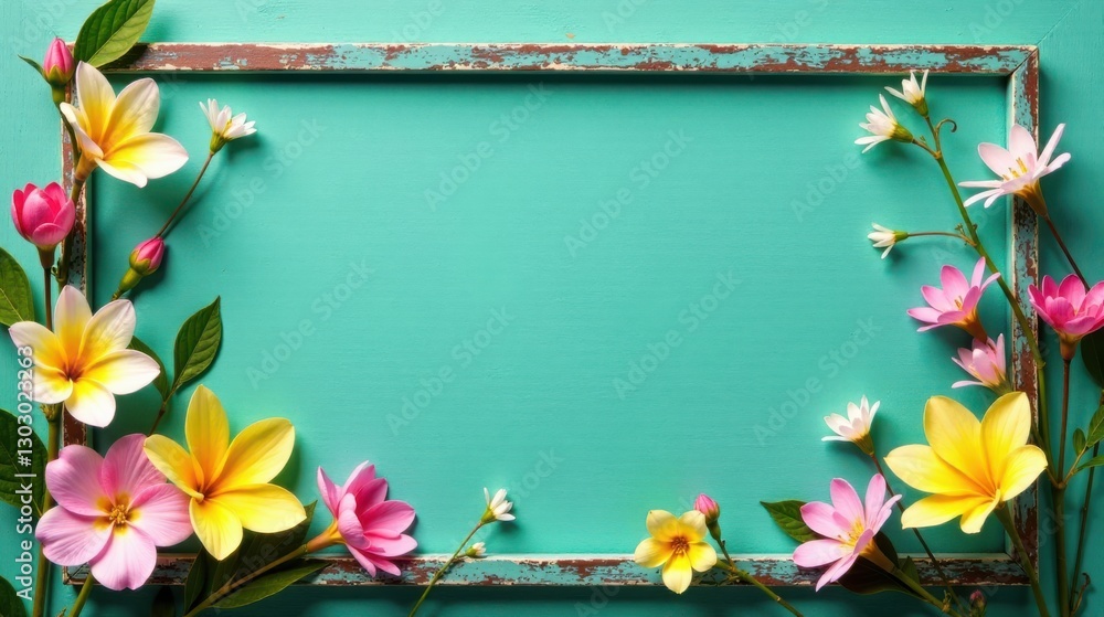 Poster A vibrant turquoise background features a rustic frame adorned with an array of colorful blossoms, creating a cheerful and idyllic floral composition.