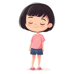  short hair, eyes closed, wearing a pink shirt and blue shorts, smiling, full body