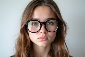 A quirky young woman with long brown hair wearing oversized thick round glasses, making a funny duck face expression.