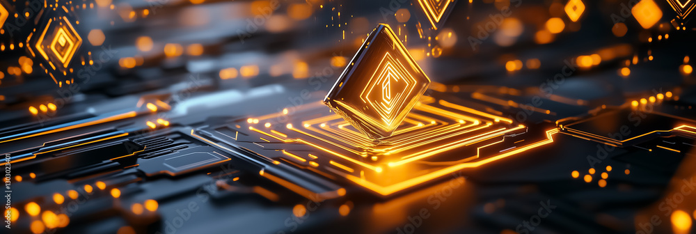 Poster in a vibrant digital universe, yellow-orange symbols cascade through a high-tech matrix, creating an