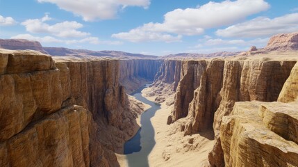 Aerial View of a Canyon with a River Winding Through It Under Partly Cloudy Sky