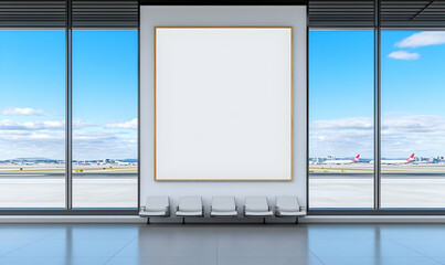 Fototapeta premium Modern Airport Waiting Area with Blank Frame and Sunny Skies