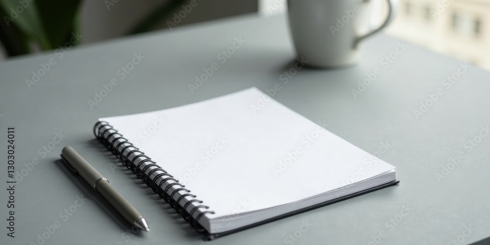 Poster a blank spiral notebook and pen resting on a desk near a mug