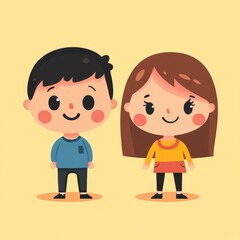  Use simplified shapes with clean lines and a muted color palette. The characters should have exaggerated proportions, such as large heads,