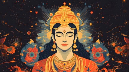 Creative bohemian flat illustration for Ram Navami Day, featuring an elegant portrayal of Lord Rama with a radiant aura, cosmic swirls, and traditional Indian folk patterns