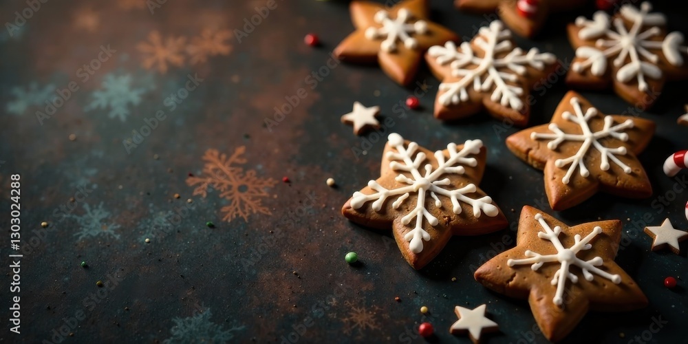 Poster delightful star-shaped gingerbread cookies with snowflake icing, decorated with festive sprinkles on
