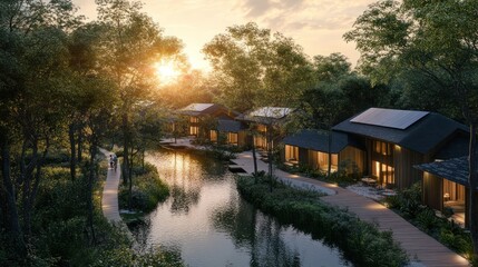 Fototapeta premium Tranquil Lakeside Eco-Village at Sunset: Sustainable Harmony