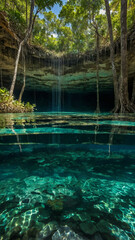 Crystal clear cenote surrounded by jungle.