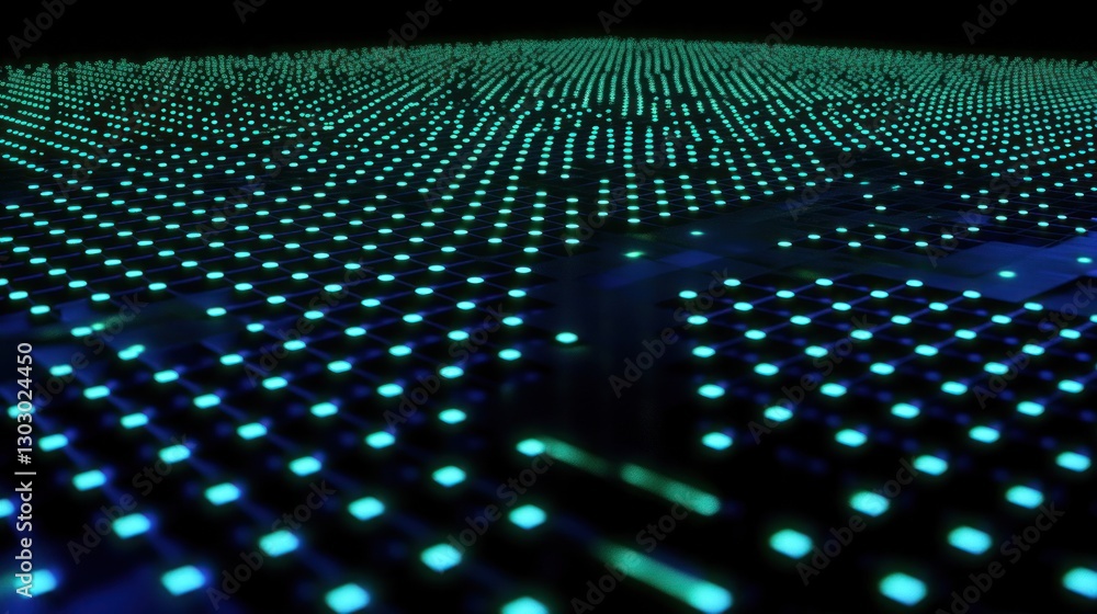 Poster abstract digital landscape: a mesmerizing array of glowing teal lights forming a grid-like pattern, 