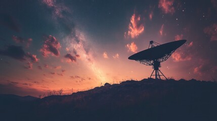 Satellite Dish Observing Milky Way Galaxy at Sunset for Science
