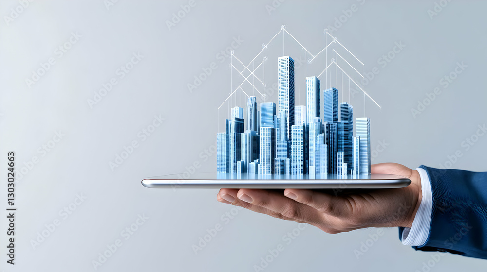 Poster 3d building model projection on tablet in business environment