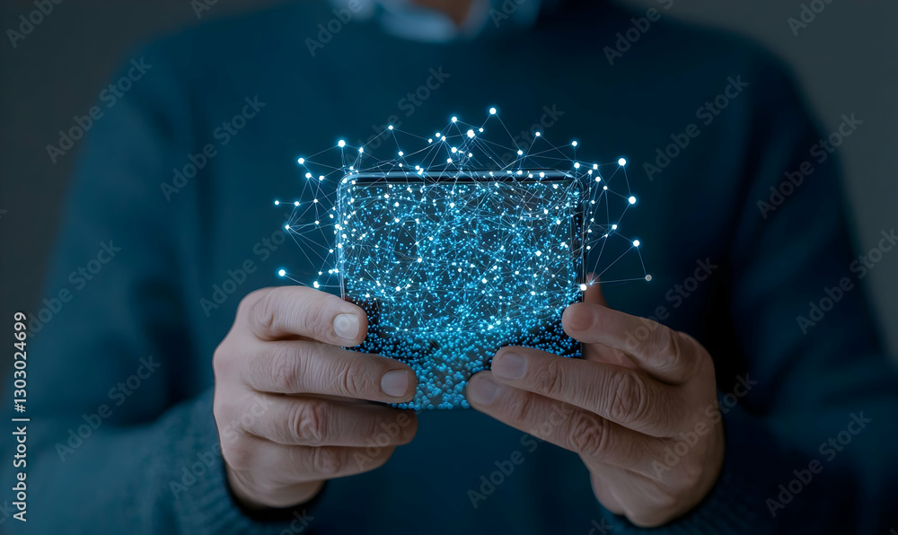 Poster digital connection concept with smartphone and network visualization